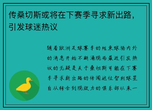 传桑切斯或将在下赛季寻求新出路，引发球迷热议