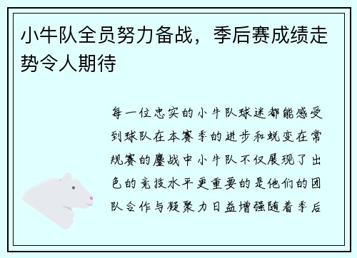 小牛队全员努力备战，季后赛成绩走势令人期待