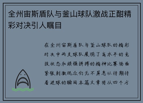 全州宙斯盾队与釜山球队激战正酣精彩对决引人瞩目